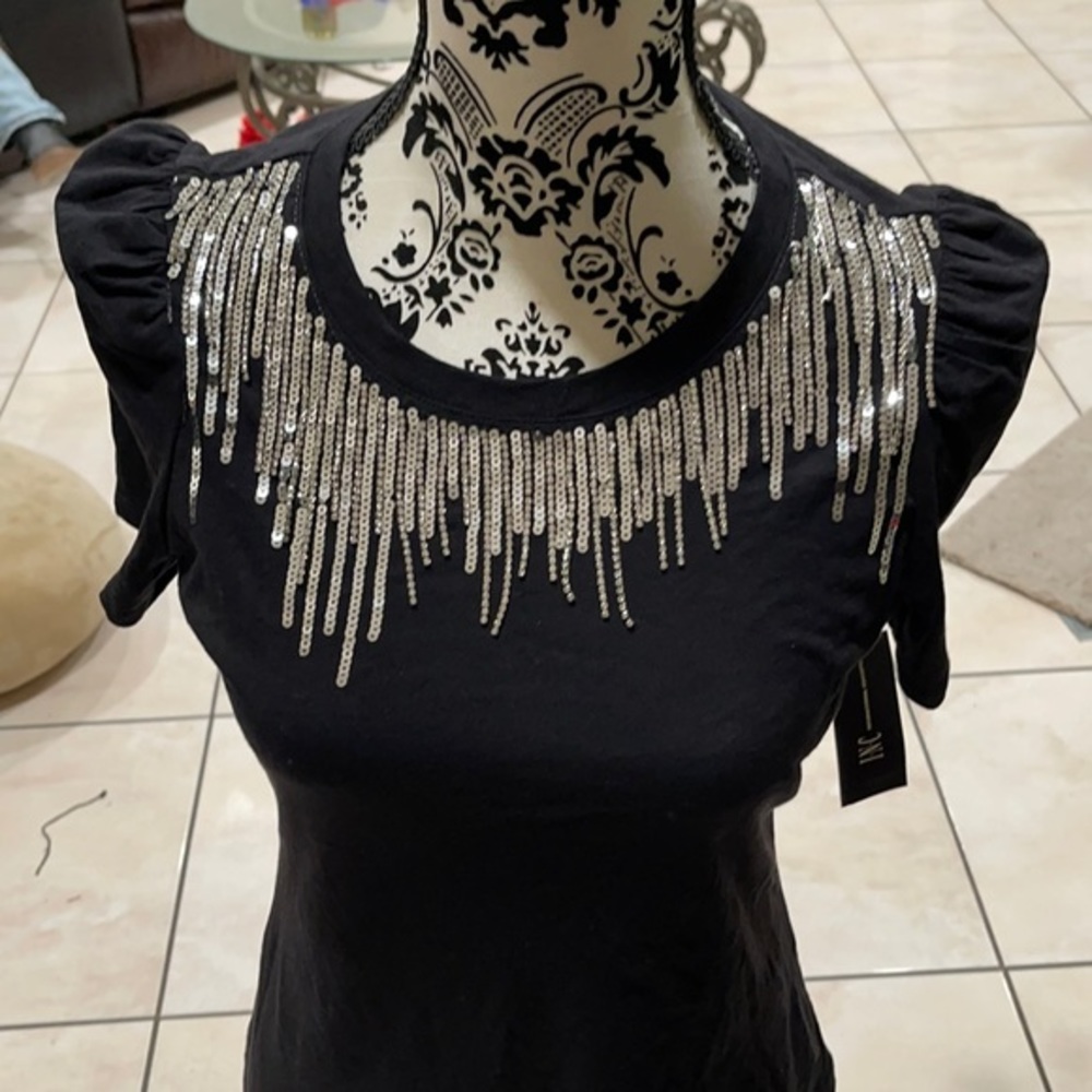 INCWomen's T-Shirt Deep Black Puff-Sleeve with rhinestones $59Stretchy material